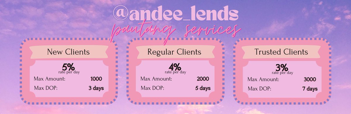 andee_lends's tweet photo. ✨pautang services open✨

— open for new clients
— no form, no reply
— very selective
— check pinned tweet

t. pahiram payo lending borrow lender utang twitter loan services ph gcash low rates https://t.co/IOzMGybCgd