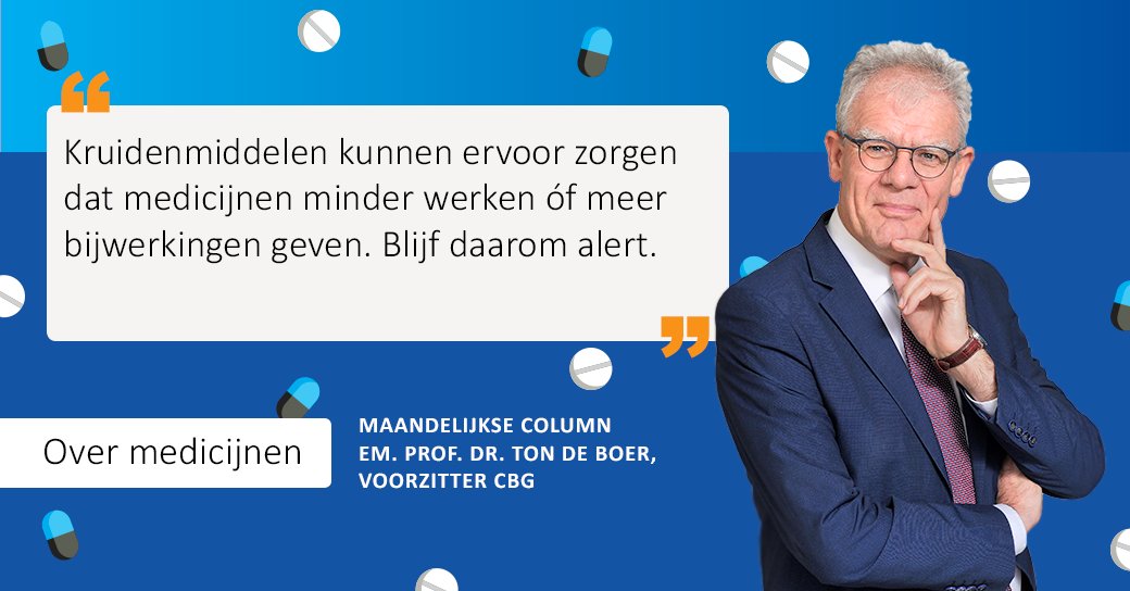 In het najaar gebruiken mensen vaker kruiden(genees)middelen om hun weerstand te verbeteren. Toch moeten we alert blijven bij het gebruik van kruiden in combinatie met andere medicijnen. Voorzitter Ton de Boer schrijft erover in zijn nieuwste column👉bit.ly/3YhLCYx