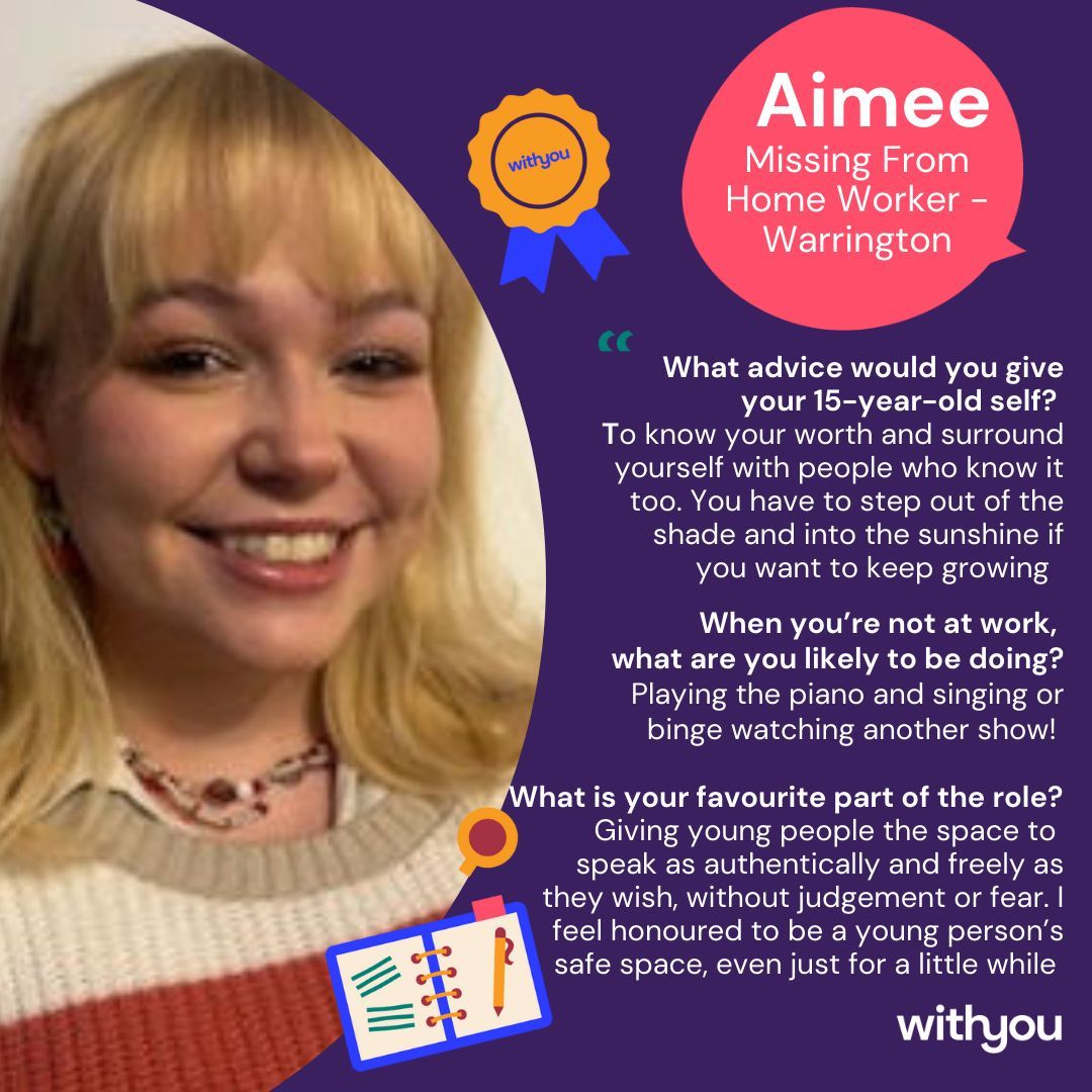 ⭐️ MEET AIMEE ⭐️

👋 Aimee is a Missing From Home Caseworker &amp; works in our Warrington team

<a href="/withyou/">Patrick Grant</a> #cheshire #withyou #missing #youngpeoplematter #dreamteam #meettheteam #warrington #Grappenhall #StocktonHeath #Westbrook #Lymm #GreatSankey #Appleton #Chapelford #Poulton