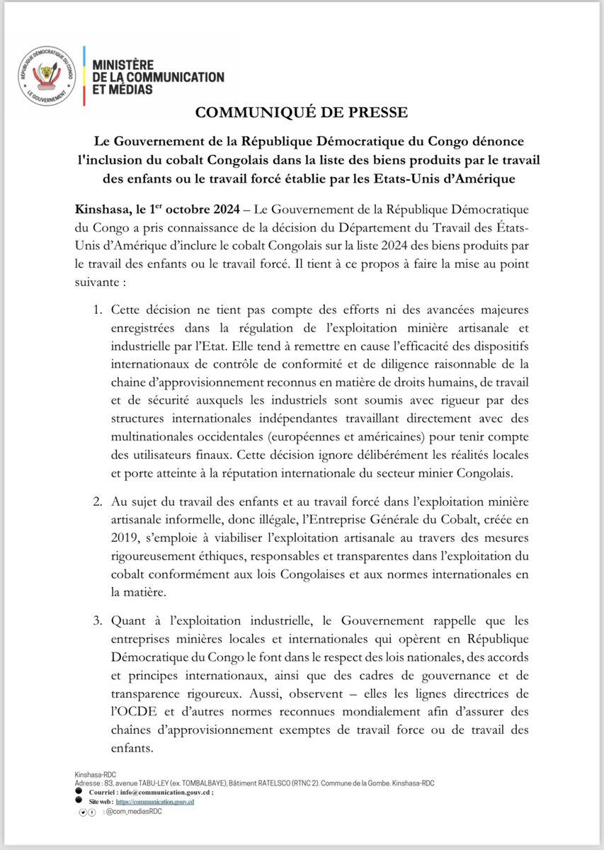 Economico_info's tweet photo. 🇨🇩 Le Gouvernement de la République Démocratique du Congo (#RDC) exprime son profond désaccord concernant l'inclusion du cobalt congolais dans la liste des biens associés au travail des enfants ou au travail forcé, établie par les #ÉtatsUnis d'Amérique. https://t.co/hsjJV3wehk