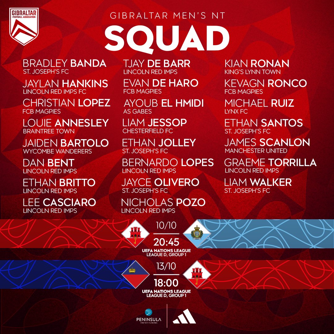 ⚠️ SQUAD ANNOUNCEMENT ⚠️

Here is your 🇬🇮 MNT 23-man squad to face San Marino 🇸🇲 and Liechtenstein 🇱🇮 next week in the UEFA #NationsLeague ⚽

🇬🇮 v 🇸🇲 | 10/10/24 | 20:45 | Europa Point Stadium
🇱🇮 v 🇬🇮 | 13/10/24 | 18:00 | Rheinpark Stadion