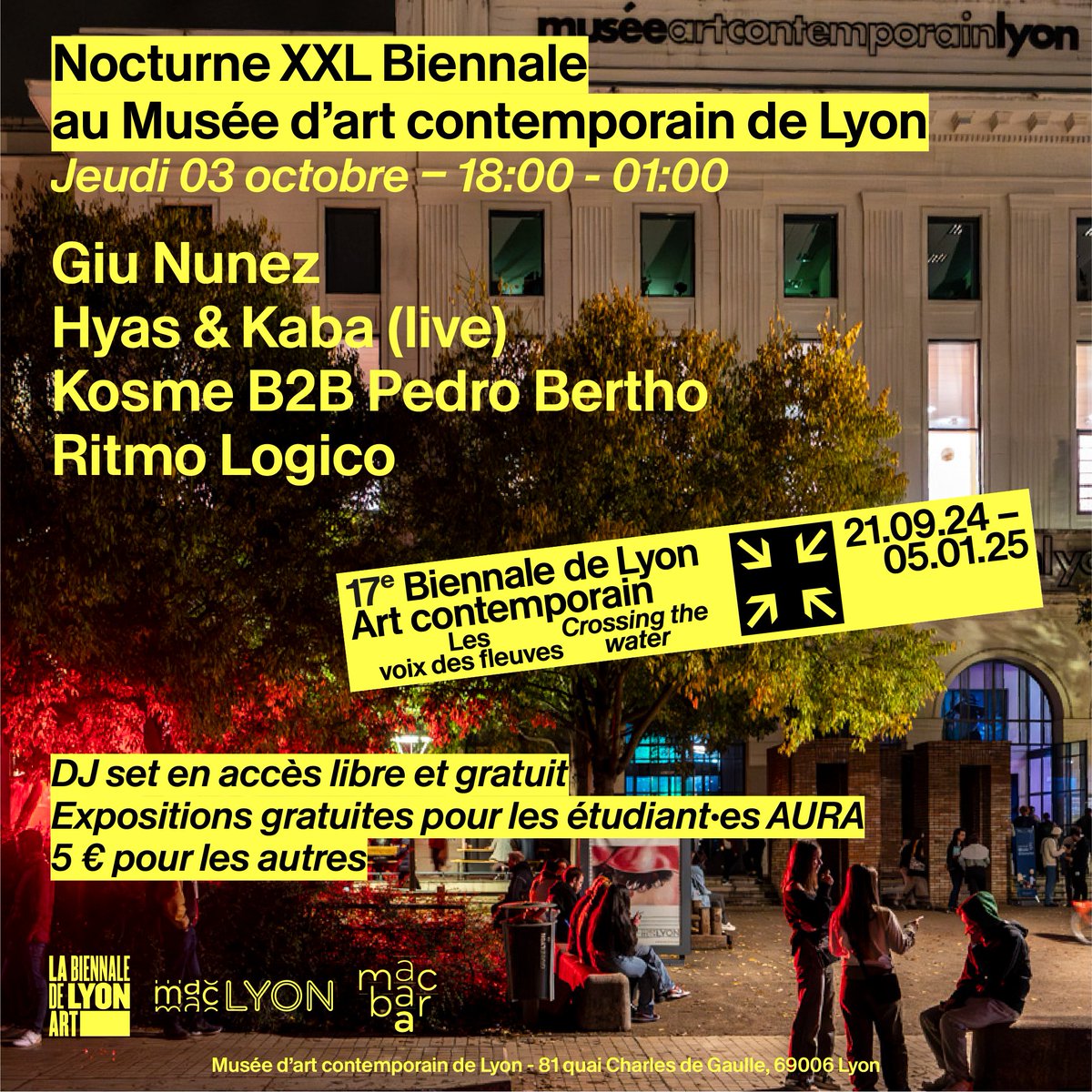 Musée d’art contemporain de Lyon (@maclyon) on Twitter photo 🎉 La Nocturne XXL Biennale, c’est demain soir au musée !
Pour cette première nocturne de la <a href="/BiennaleLyon/">Biennale de Lyon</a>, le macLYON et le macBAR sortent le grand jeu ! Accès aux expositions jusqu’à 23h30, DJ sets jusqu'à 1h du matin 🕺 Et si vous veniez visiter le musée de nuit ? 🎉 La Nocturne XXL Biennale, c’est demain soir au musée !
Pour cette première nocturne de la <a href="/BiennaleLyon/">Biennale de Lyon</a>, le macLYON et le macBAR sortent le grand jeu ! Accès aux expositions jusqu’à 23h30, DJ sets jusqu'à 1h du matin 🕺 Et si vous veniez visiter le musée de nuit ?