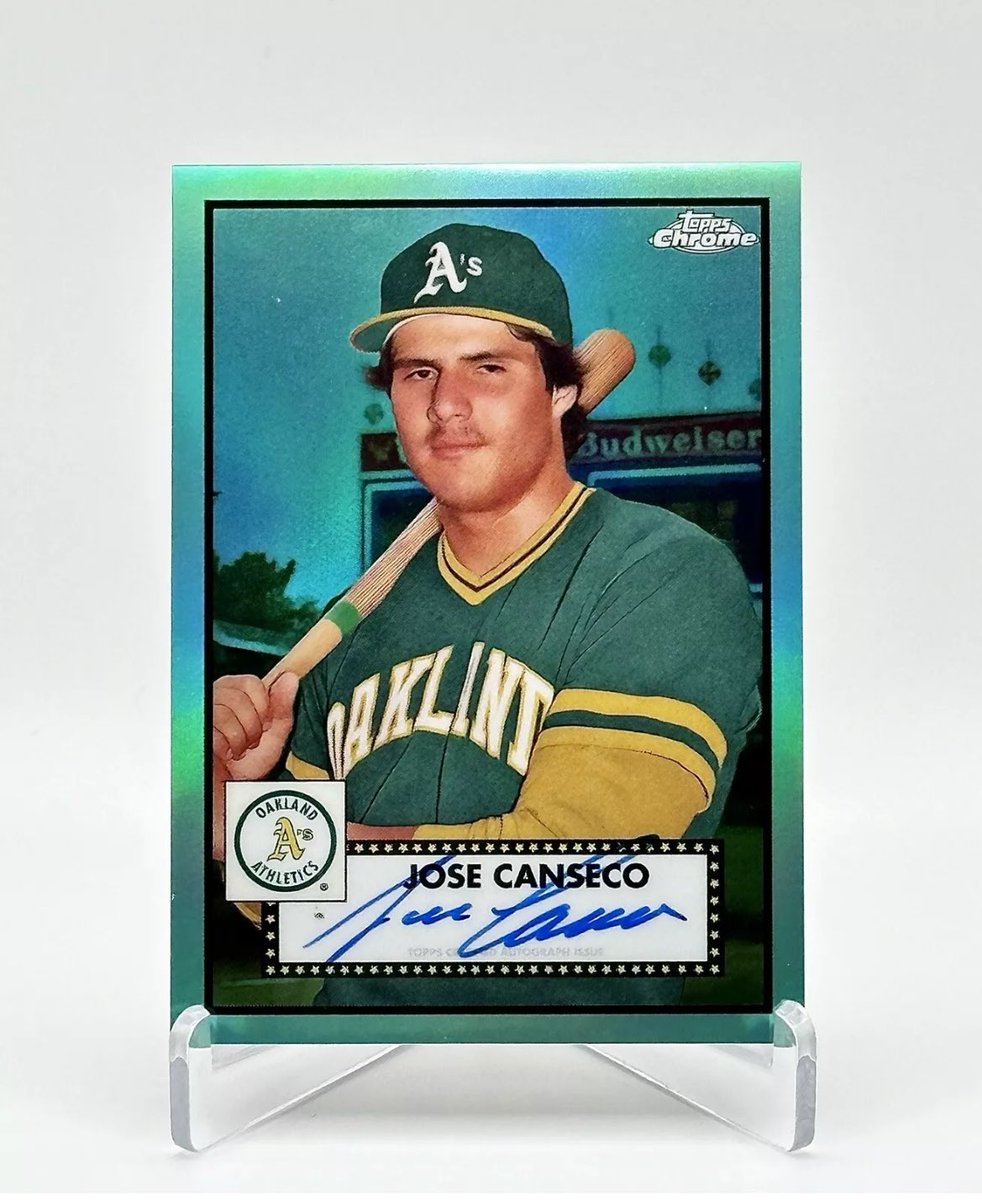 primetimesc2's tweet image. Giving away this Jose Canseco 2021 Topps Chrome Platinum Anniversary Aqua Refractor Auto #/150 to a follower who retweets this…