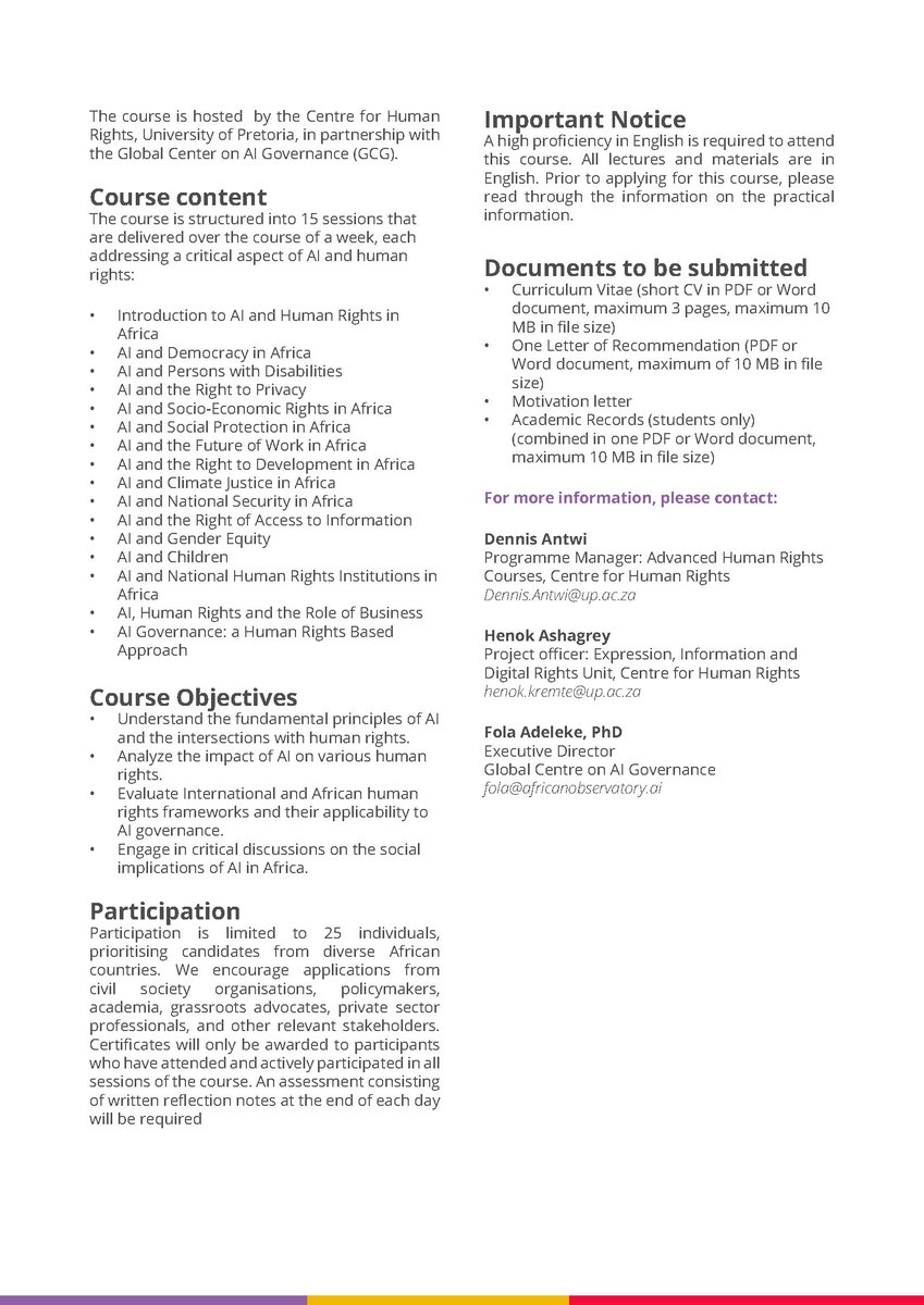 [Call for Applications]

The <a href="/CHR_HumanRights/">CentreForHumanRights</a>, <a href="/UPTuks/">University of Pretoria</a> and  <a href="/gcg_ai/">Global Center on AI Governance</a> invites applications for an intensive short course on Artificial Intelligence and human rights in Africa.

🛑Apply online before 13 October 2024
chr.up.ac.za/courses-presen…