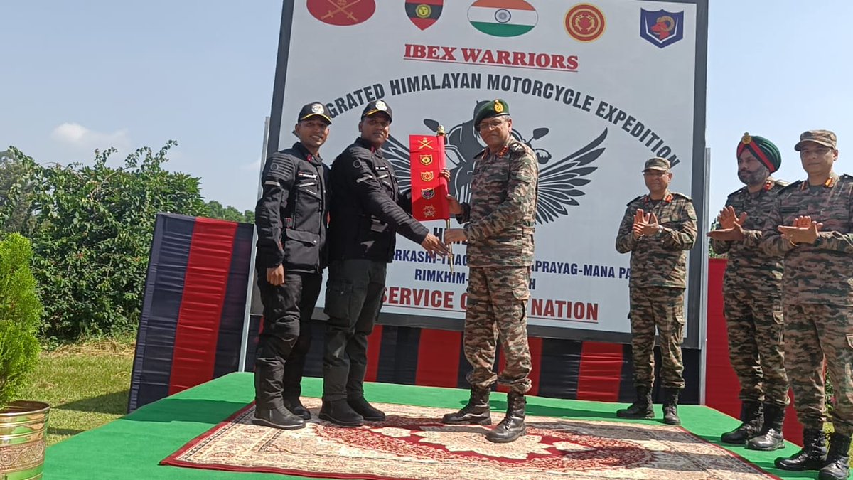suryacommand's tweet photo. #IndianArmy
#SuryaCommand 
#IHMEx2024  #BorderRegions 
#MotorCycles
#Adventure 

Lt Gen Anindya Sengupta, GOC-in-C, #CentralCommand, #SeniorServingOfficers and #Veterans flagged off I-HimEx 2024(Integrated Himalayan Motorcycle Expedition) from #Dehradun on 02 Oct 24, which shall travel across all #Valleys of #GarhwalSector covering #VibrantVillages #Jadhang, #Mana and #Malari. The #Expedition is aimed at promoting #Resettlement in border regions and #PayingTribute to #Veterans along the way. The #ArmyCdr lauded the efforts of #IbexWarriors for their commitment towards promoting #Tourism & ensuring reverse migration in #GarhwalHills.

@MinofDefIndia
@adgpi 
@SpokespersonMoD
@HQ_IDS_India
@UBArea_IA
@ProDefLko
@PRODefDehradun