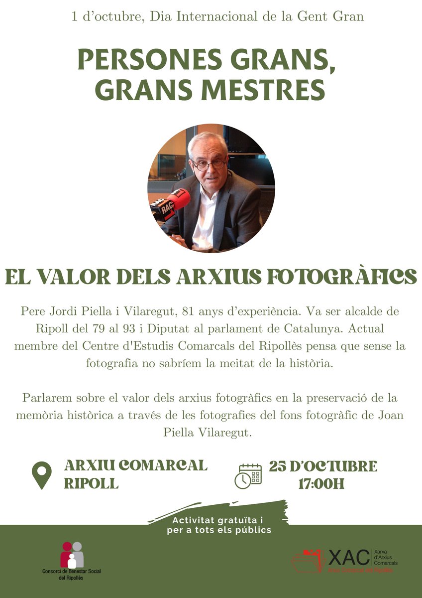 El pròxim divendres 25 d'octubre a les 17h rebrem a l'ACRI a Pere Jordi Piella, qui ens parlarà sobre el valor dels arxius fotogràfics i del llegat documental del seu germà Joan Piella Vilaregut, que va dedicar la seva vida al fotoperiodisme. 

Us hi esperem!
<a href="/CbsRipolles/">CbsRipolles</a>