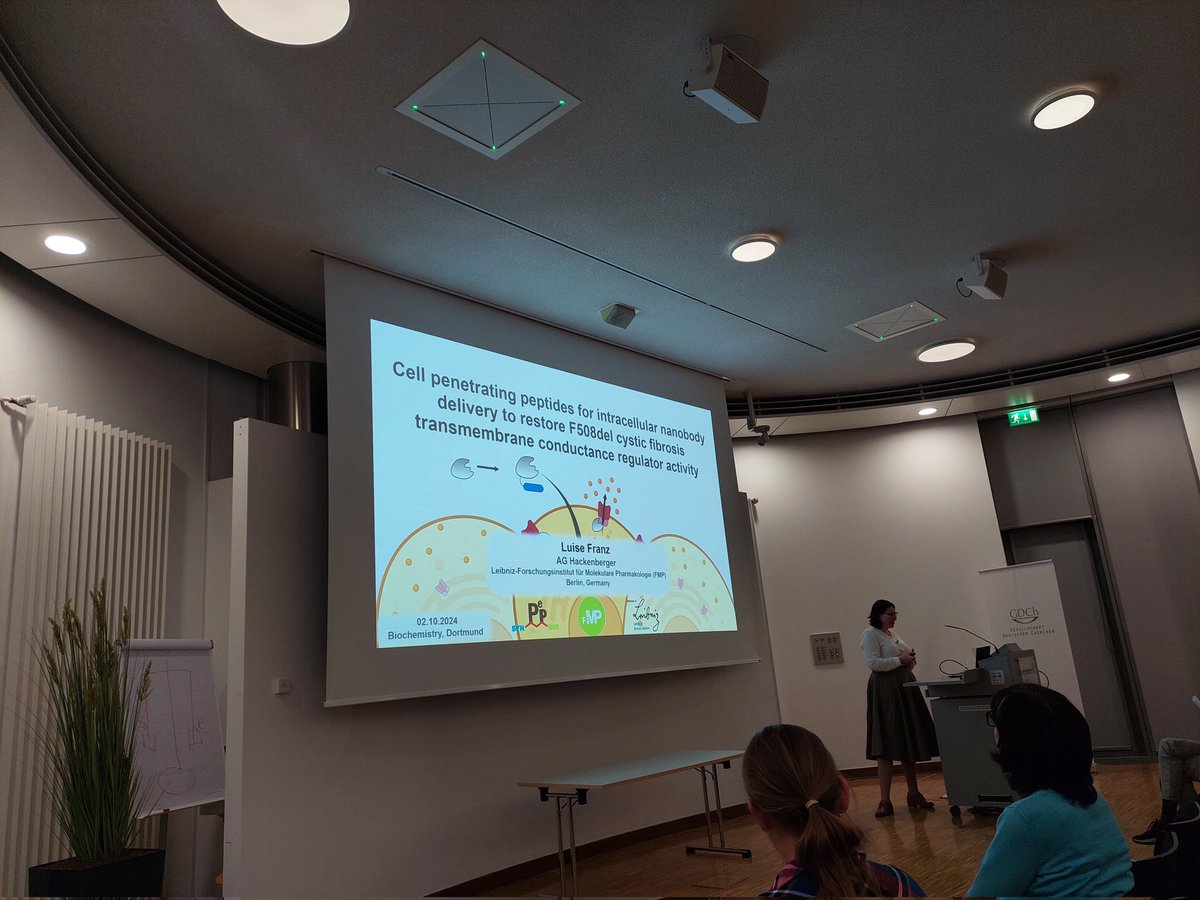 GDCh_BioChem's tweet image. The final talk of #GDChBioChem2024 was given by @Luise_Franz from the @PhosphorusFive lab. She talked about the use of cell penetrating peptides to deliver nanobodies into cells. Interesting insights into restoring CFTR F508del function. biorxiv.org/content/10.110…