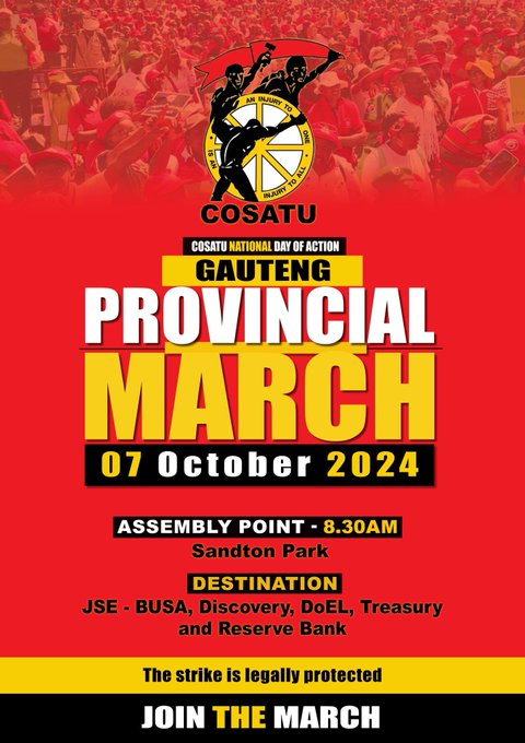 _cosatu's tweet image. Workers in Gauteng will assemble at #SandtonPark on October 7 and march to deliver a memorandum of demands to the #JSE, #BUSA, @deptoflabour @TreasuryRSA @SAReserveBank and @Discovery_SA
#CosatuNationalStrike @eNCA