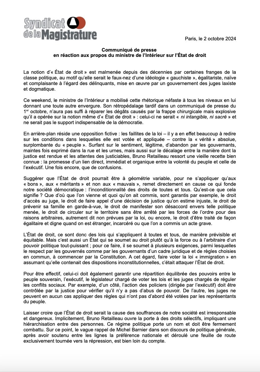 L'État de droit n'est pas une opinion, mais un pré-requis de la démocratie. 

Le rétropédalage de Bruno Retailleau n'aura pas suffi à réparer les dégâts causés par ses propos.  

Le vague rappel du Premier ministre devant l'Assemblée, non plus. 

Notre communiqué de presse 👇