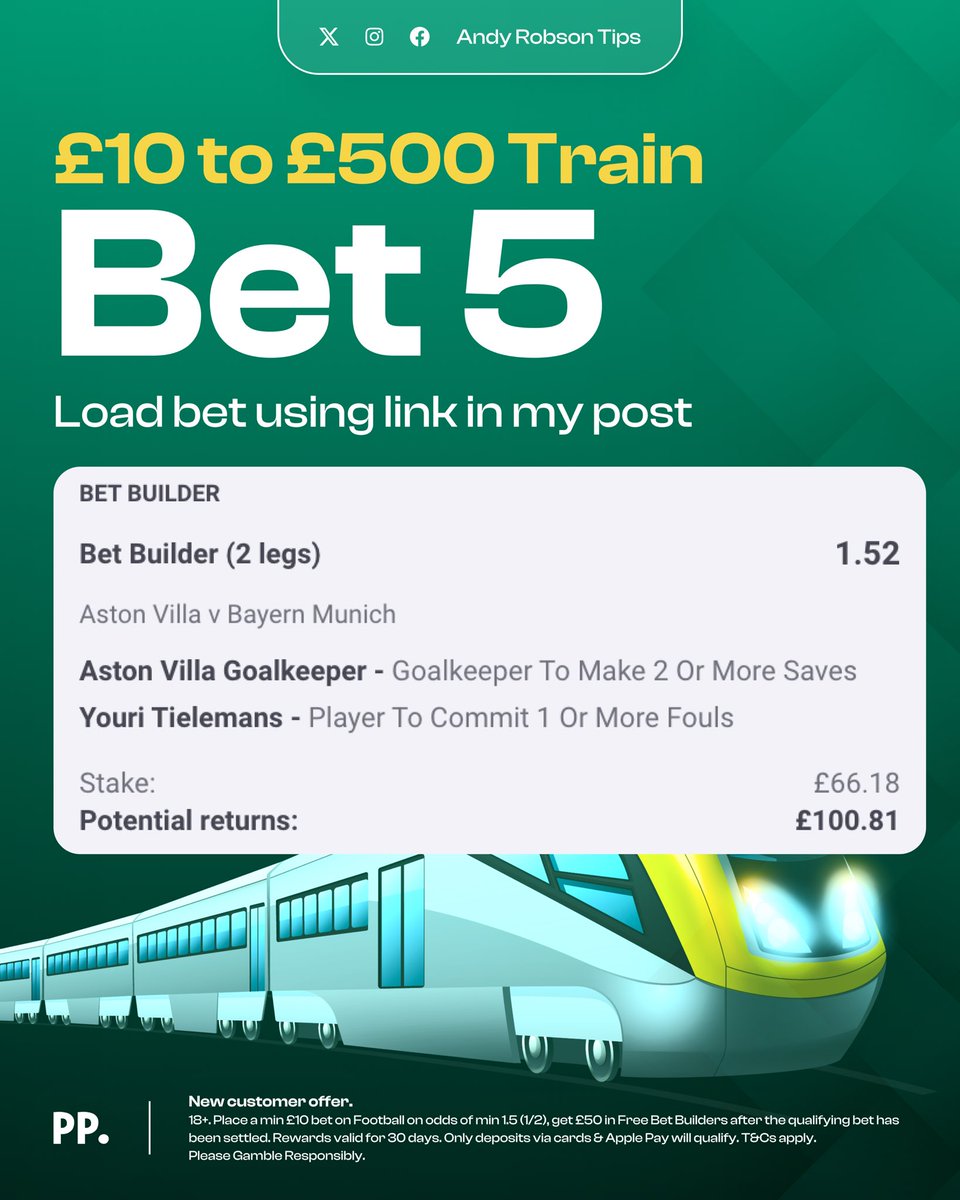 AndyRobsonTips's tweet photo. 🚂 Bet 5 | £10 to £500 Train Challenge

Load bet here: https://t.co/RepTqLSIKl

⬇️ Make sure you place this on Paddy Power

Join here: https://t.co/W2ZBRUfZa5

Get covered by Super Sub and claim £50 in Free Bets tonight.

📍 Next stop, Birmingham.

18+, T&amp;Cs Apply. Ad. https://t.co/cLBrS0I2b0
