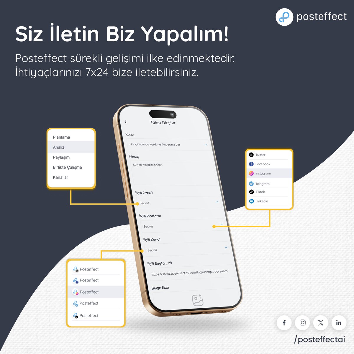 posteffectai's tweet photo. Posteffect'e taleplerinizi iletmek çok kolay. 7x24 sizi dinleyip ürünlerimizi ihtiyaçlarınıza uygun hale getiriyoruz!

#SosyalMedyaYönetimi #DijitalPazarlama #SosyalMedyaStratejisi #İçerikYönetimi https://t.co/jnSlG0BEG6