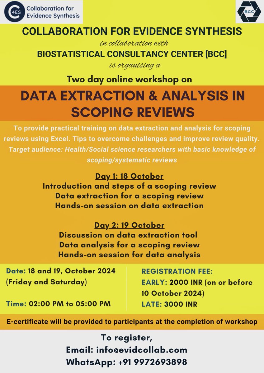 Shradha Parsekar (@parsekarshrads) on Twitter photo Join us for an upcoming online workshop on data extraction and analysis #scopingreview Please register by 10 October to avail the early-discount on registration fee! For more information, please visit sites.google.com/evidcollab.com…
<a href="/prachipundir/">Prachi Pundir</a> <a href="/Collab4ES/">Collaboration for Evidence Synthesis</a> Join us for an upcoming online workshop on data extraction and analysis #scopingreview Please register by 10 October to avail the early-discount on registration fee! For more information, please visit sites.google.com/evidcollab.com…
<a href="/prachipundir/">Prachi Pundir</a> <a href="/Collab4ES/">Collaboration for Evidence Synthesis</a>