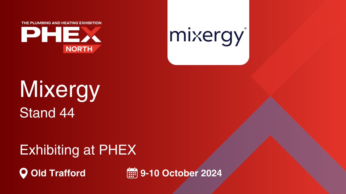 A warm welcome to @mixergyltd. Come along and say hi, they will be exhibiting on stand 44. Book your free tickets via the #PHEXNorth website. #Heatingengineers, #Plumbers and #Installers. Tickets: eu1.hubs.ly/H0cNg570