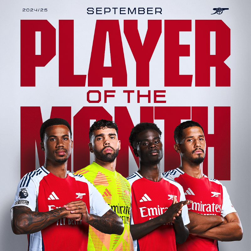 Arsenal's tweet photo. It's time to choose your September Player of the Month 🏅

🇧🇷 Gabriel
🇪🇸 David Raya
🏴󠁧󠁢󠁥󠁮󠁧󠁿 Bukayo Saka
🇫🇷 William Saliba

🗳️ You know what to do, Gooners! 👇