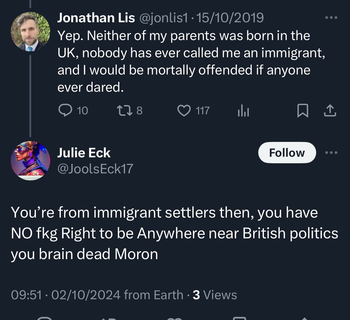jonlis1's tweet image. My favourite part of this is that if you and both your parents need to be UK-born to participate in British politics, Boris Johnson, Winston Churchill and Queen Victoria would all have been excluded.

(My second favourite is that Julie says in her bio that she loves all animals)