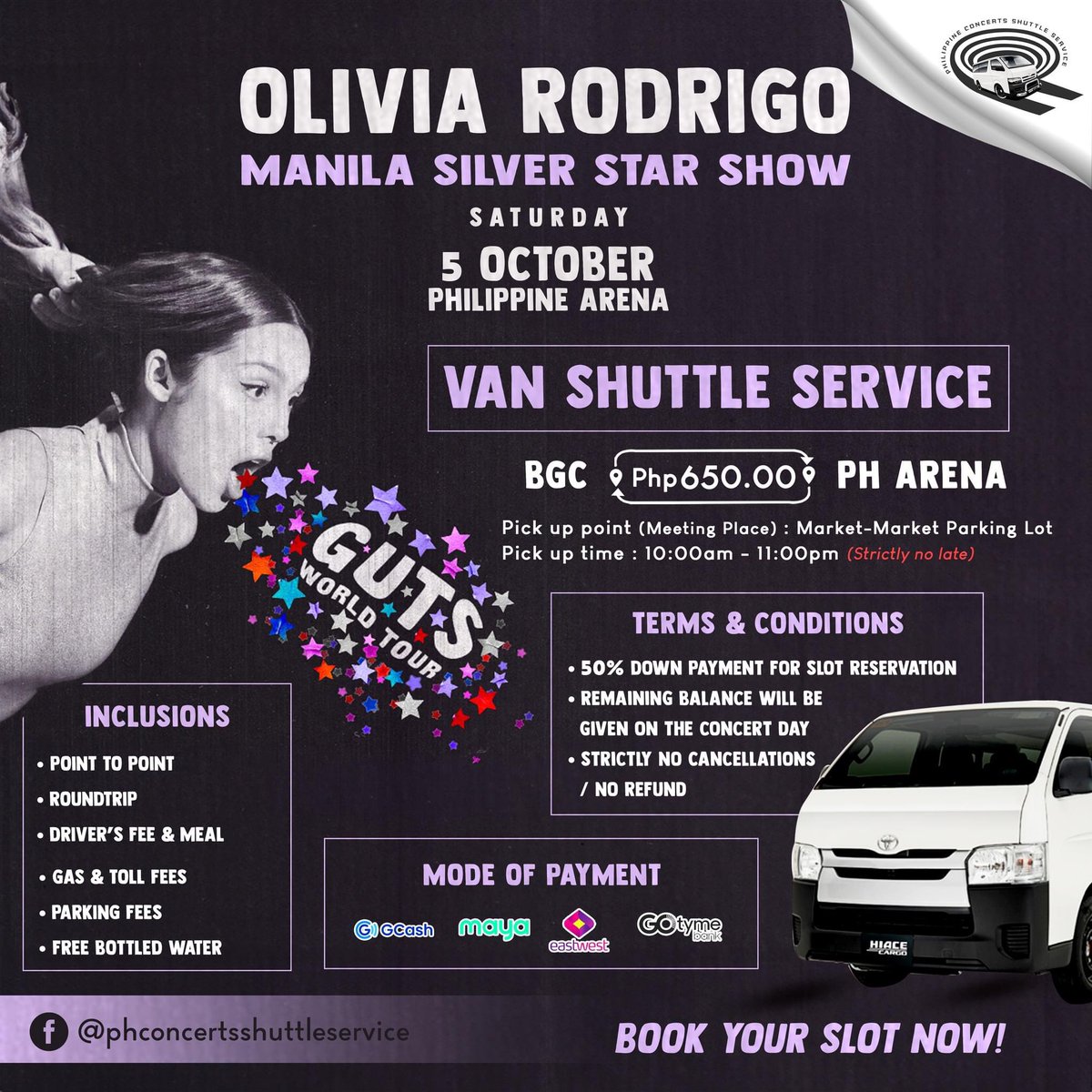 IMJSTNDM's tweet photo. @shadowcheol Hi Livies! ✨🦋

Available Carpool/Shuttle Service
Oct. 05, 2024 
BGC <-> PH Arena
~650.00

*See photo below for more details

Check our FB page for legitimacy and more details:
@Philippine Concerts Shuttle Service

💫PM us for your Slot Reservation! 💫 https://t.co/QQh1nVjAlM