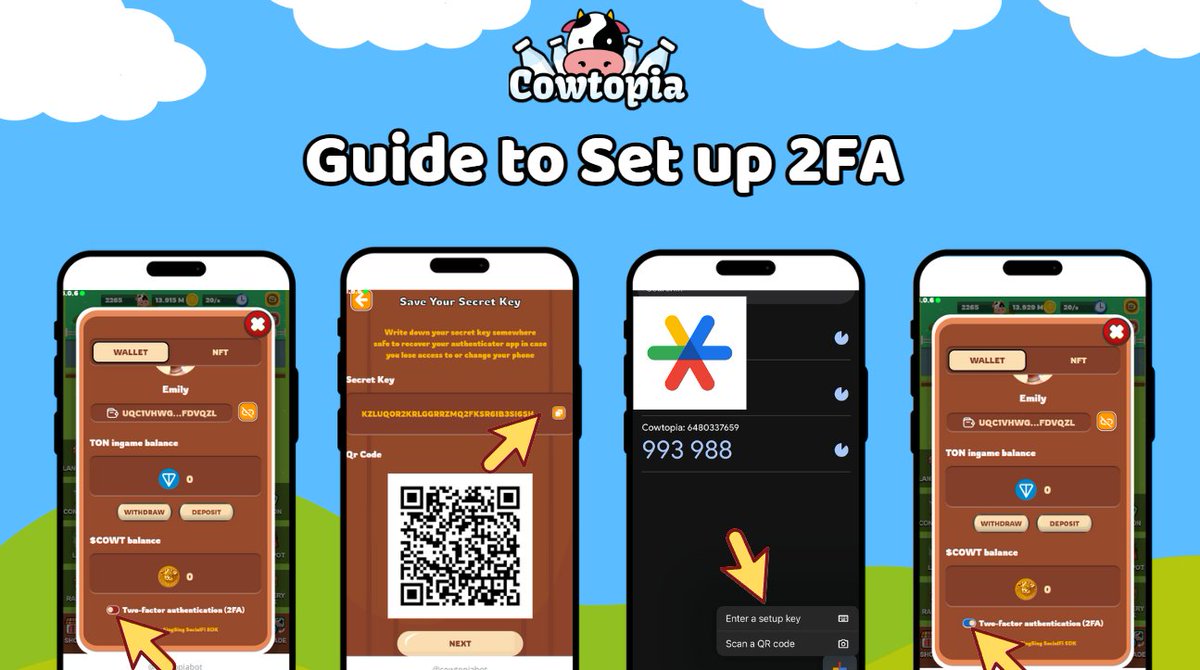 🔐 How to Set Up 2FA for Cowtopia Wallet 🔐

Please note: All TON withdrawals require 2FA, so make sure to enable it now! 🚨

1️⃣ Download the Google Authenticator app (Android (play.google.com/store/apps/det…) and IOS (apps.apple.com/us/app/google-…))

2️⃣ Open the Cowtopia app, go to your