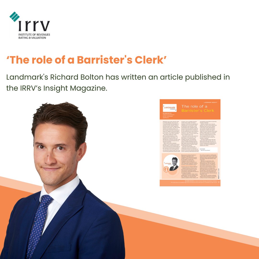 Landmark Chambers (@landmark_lc) on Twitter photo Richard Bolton has provided an article entitled 'The role of a Barrister's Clerk' for the October edition of the <a href="/the_irrv/">The Institute of Revenues Rating and Valuation</a> Valuer Magazine.
To access Richard's article, please follow the link bit.ly/4erqwwm Richard Bolton has provided an article entitled 'The role of a Barrister's Clerk' for the October edition of the <a href="/the_irrv/">The Institute of Revenues Rating and Valuation</a> Valuer Magazine.
To access Richard's article, please follow the link bit.ly/4erqwwm
