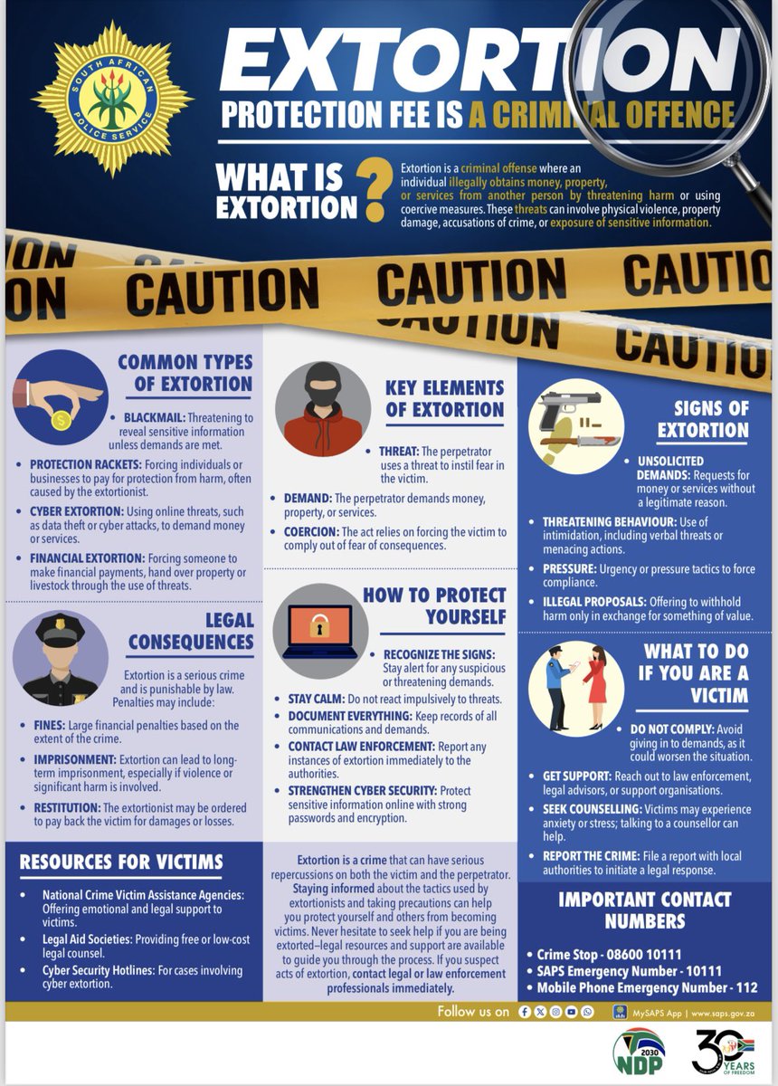 SAPoliceService's tweet image. #sapsGP [FIGHT AGAINST EXTORTION] Two suspects were arrested on 01/10 at Mamelodi East for allegedly #extorting money from residents in the area.  The suspects were #wanted for a Sept 2024 assault case in which a victim was assaulted after failing to pay the &quot;protection fee&quot;.…