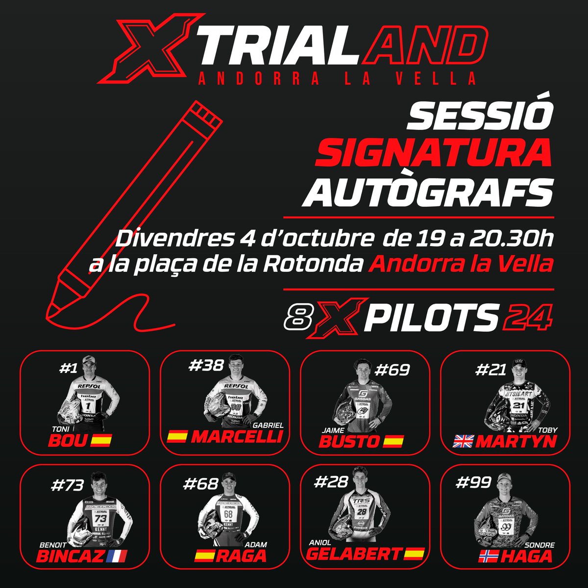 📣 Vols conèixer els millors pilots del món d’X-Trial?

🗓️ Et convidem a la signatura d’autògrafs aquest divendres 4 d’octubre de les 19 a les 20.30h a la plaça de la Rotonda d’Andorra la Vella.

T’hi esperem! ✨🙌

#XTrialAND #XTrial #AndorralaVella #XTrialAndorralaVella