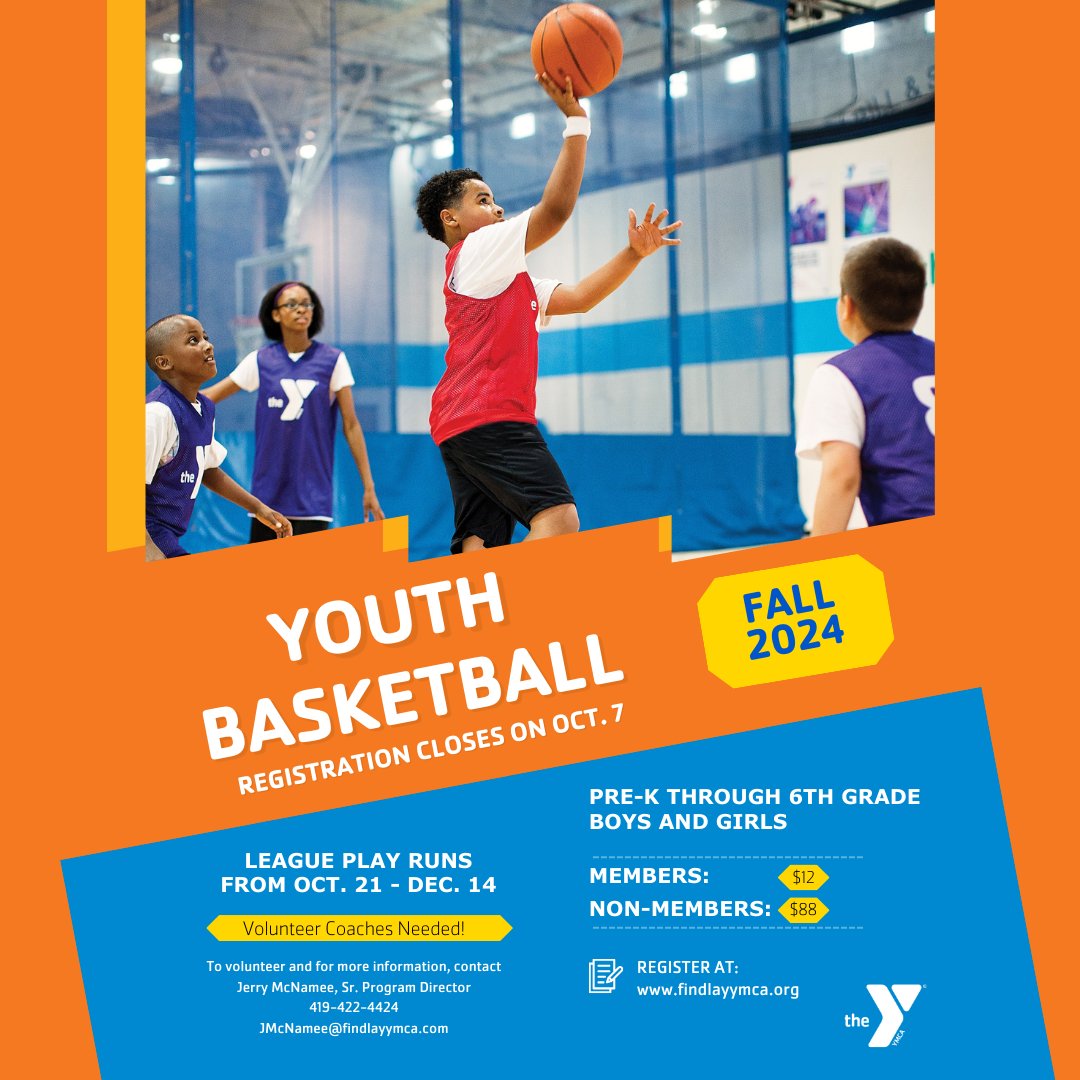 FindlayYMCA's tweet photo. Don’t miss out! The registration deadline for Fall Youth Basketball is this Monday, Oct. 7. Games will be held Oct. 21 – Dec. 14. To sign up and for more information, visit https://t.co/jVJco9esIg. https://t.co/jy9QyyMEp9