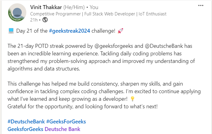 VinitNotFound's tweet image. #geekstreak2024 #DeutscheBank
@geeksforgeeks
@DeutscheBank

Day 21   
Profile Link - geeksforgeeks.org/user/45vinitt6…