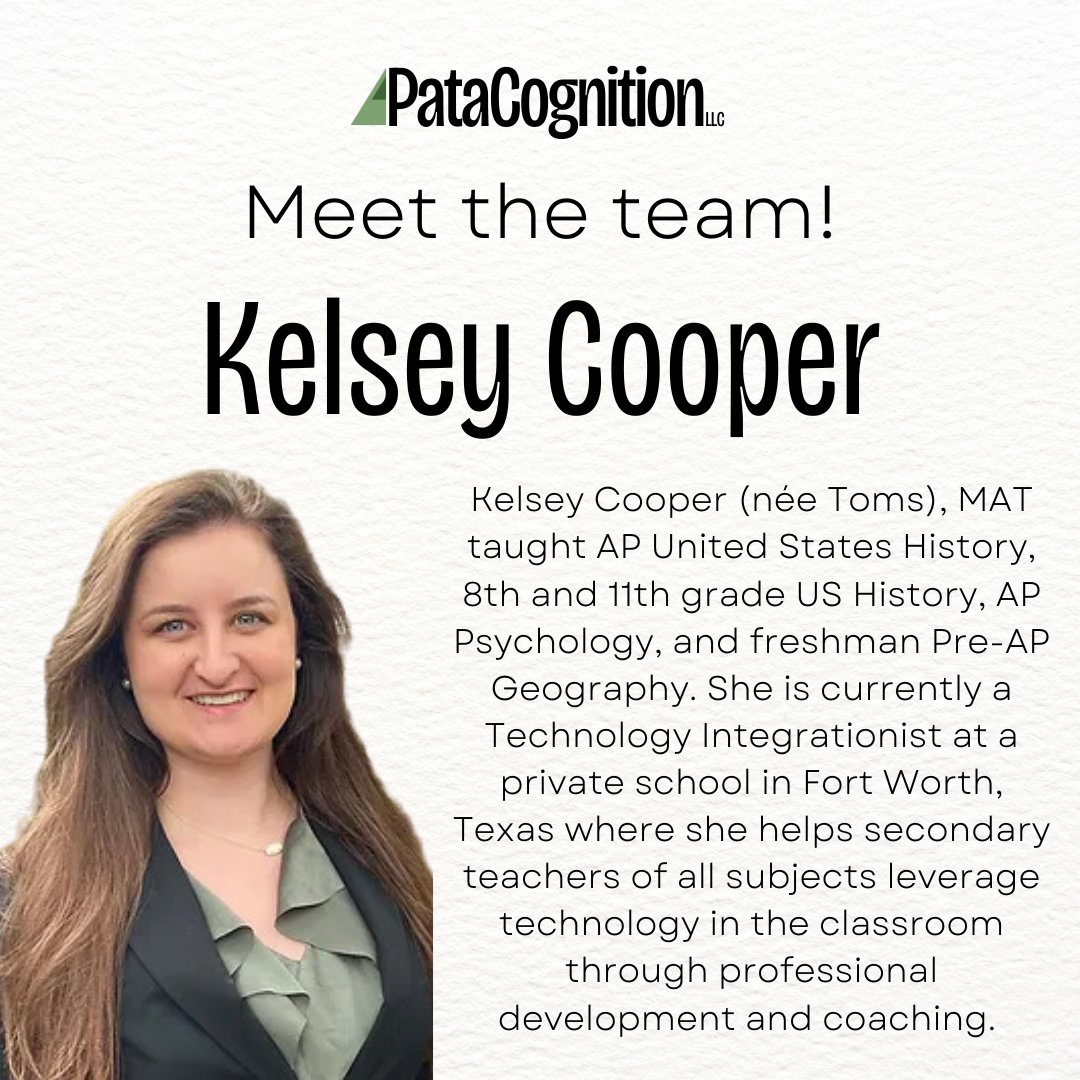 💚 Who is PataCognition? Let's meet our team! First up is Kelsey Cooper, one of the co-founders! 

⭐ Kelsey uses her experience in instructional technology to manage the social media and design client-facing materials. She oversees the Dallas-Fort Worth region for PataCognition.