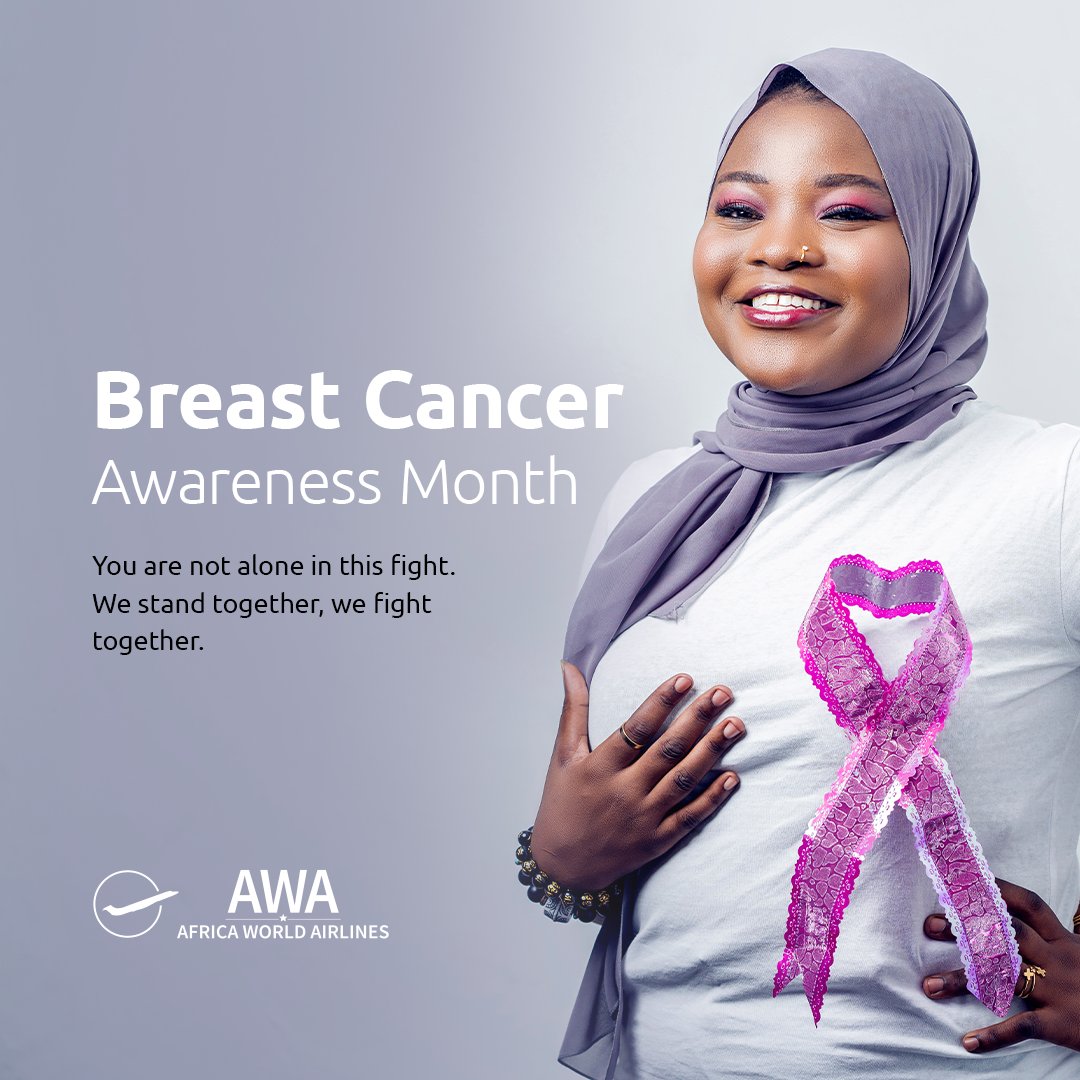 October is Breast Cancer Awareness Month, and Africa World Airlines stands with women and men everywhere in the fight against breast cancer. Early detection saves lives—let’s support, educate, and empower. 💖 #BreastCancerAwareness #AWAcares #FlyPink #StrongerTogether