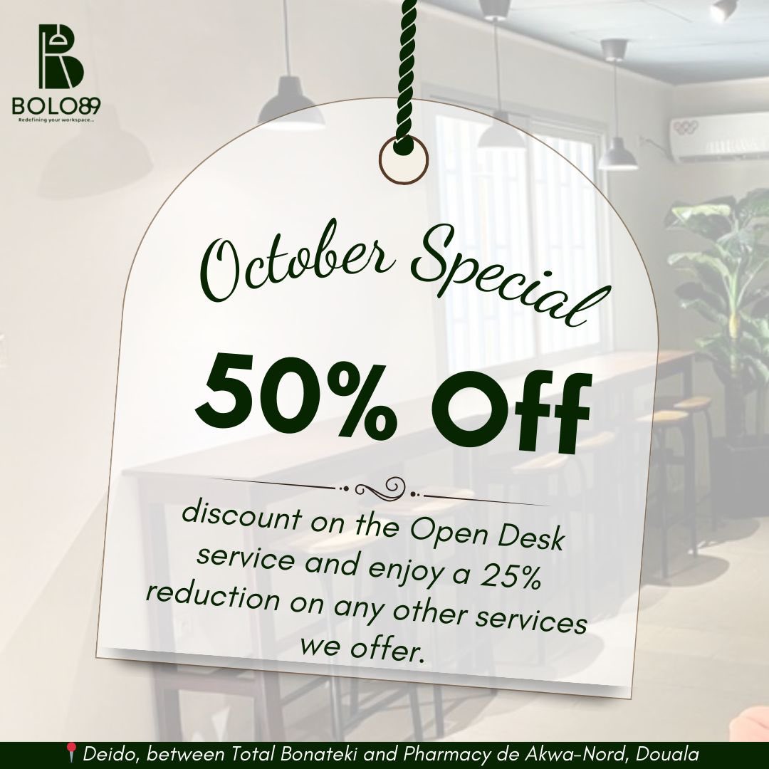 🚀 Need workspace this October? Bolo89 has you covered! Get 50% off Open Desks and 25% off all services. Boost your productivity in style!

🌐 bolo89.com  
📸 @bolo89official  

#WorkSmart #OctoberSpecial #Bolo89 #DoualaProfessionals
