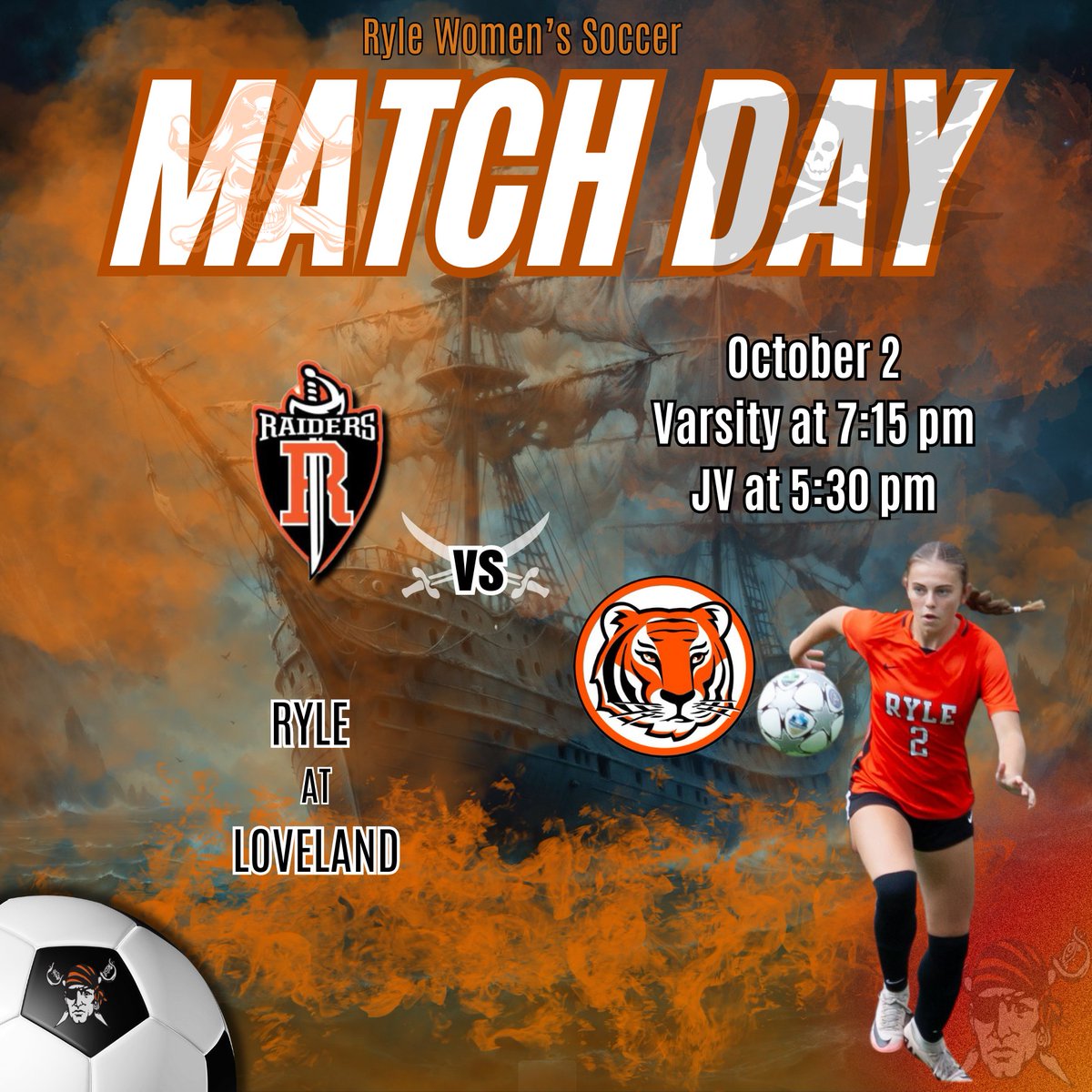 Road trip! Come cheer on the Lady Raiders as they take on the Loveland Tigers! ⚽️⚔️🏴‍☠️ 
Junior Varsity at 5:30 PM
Varsity at 7:15 PM
ONE HEART
ONE MIND
ONE PROGRAM 
#Hoorah
#RaiderNation