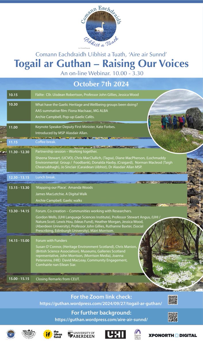 Join <a href="/CEUibhistaTuath/">CEUT - Comann Eachdraidh Uibhist a Tuath</a> for the 'Raising Our Voices' online webinar on Monday! Learn how their <a href="/TheIdeasFund/">TheIdeasFund</a> funded project explores the role of place, culture, and Gaelic in supporting wellbeing in North Uist.
⏰ 10:00-15:30, 7th Oct.
Join the webinar: guthan.wordpress.com/2024/09/27/tog…