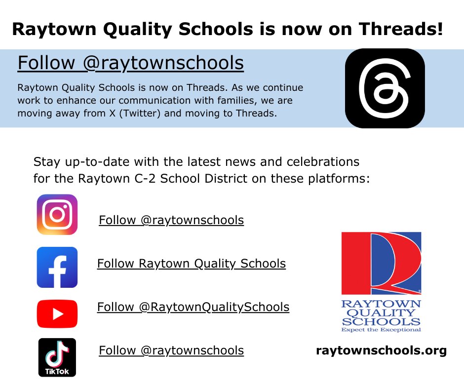 RaytownSchools's tweet image. Stay connected with us! We plan to be active on the social channels you see listed. #weareraytown #rqsforward #raytownmo