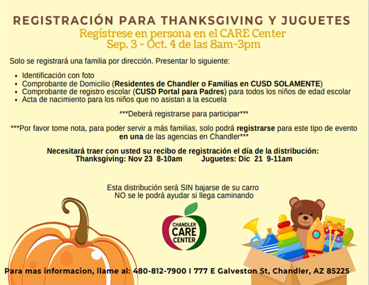 ChandlerUnified's tweet image. The Chandler CARE Center's Thanksgiving and Toy Registration closes on Friday, October 4! Register in person at @ChandlerCARECtr from 8 a.m. - 3 p.m. For more information, call 480-812-7900. CARE Center is located at 777 E. Galveston St., Chandler, AZ 85225. #WeAreChandlerUnified
