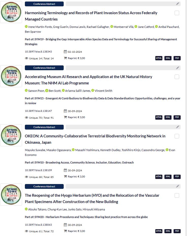 😊Even though it's been weeks since #TDWG2024, we are still receiving #abstracts for talks presented last month in Okinawa! 🇯🇵 

👉Go revisit (so far) 77 contributions organised by symposia on our website: biss.pensoft.net/collection/438/

#biodiversity #FAIRdata <a href="/tdwg/">TDWG</a> <a href="/SPNHC/">SPNHC</a>