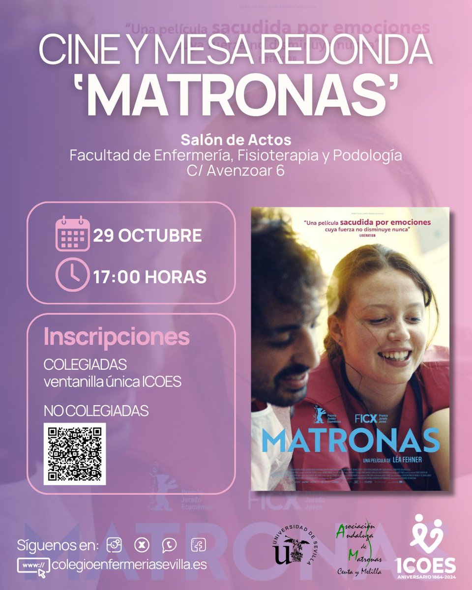 📽 El ICOES ofrece el cinefórum ‘Matronas’, en colaboración con la <a href="/Efp_US/">Facultad de EFP de Sevilla</a> y la <a href="/AMatronas/">Asociación Andaluza de Matronas</a>, este 29 de octubre

📍Salón de actos Facultad de Enfermería. C/ Avenzoar 6
🗓️ 29 de octubre
⏰ 17:00

🔗<a href="/unisevilla/">Universidad de Sevilla</a>

▶️ +INFO: ow.ly/ATM950TB3Tz

 #Matronas #Cinefórum #Enfermería