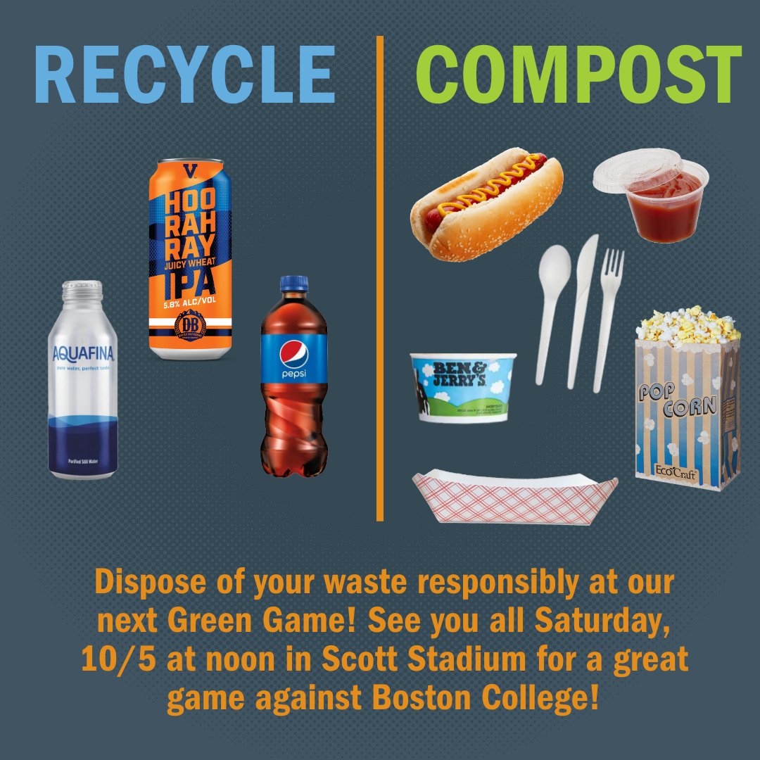 sustainableuva's tweet image. It&apos;s #Waste Wednesday! Football fans: please help us make a difference on emissions and waste by composting your food waste at Scott Stadium this Saturday. Find the compost bins and student Zero Waste Ambassadors!