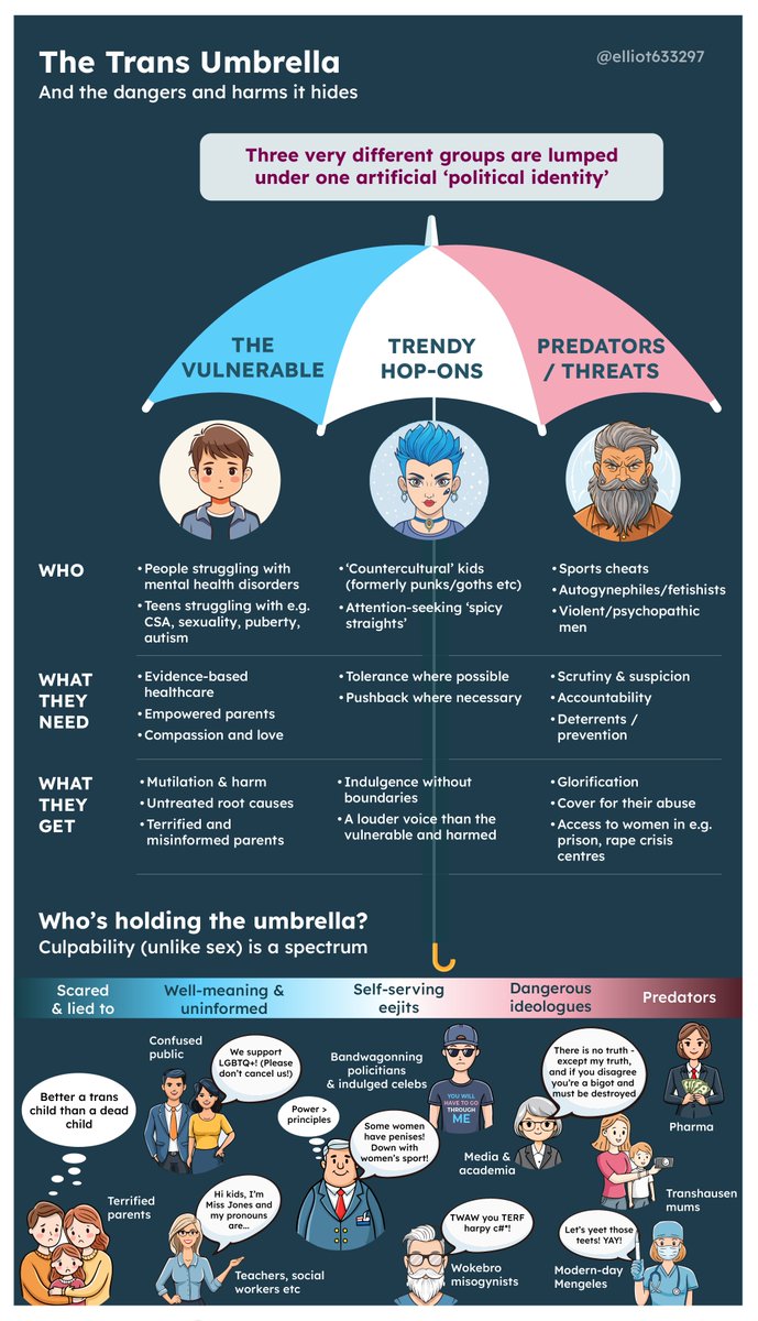 elliot633297's tweet image. The biggest trick the TRAs ever pulled off? Convincing the world they exist...
After many years of nonsensical definitions, circular arguments and moving goalposts, it's obvious that The Trans Umbrella is broad and ill-defined that it's meaningless...
and harmful.