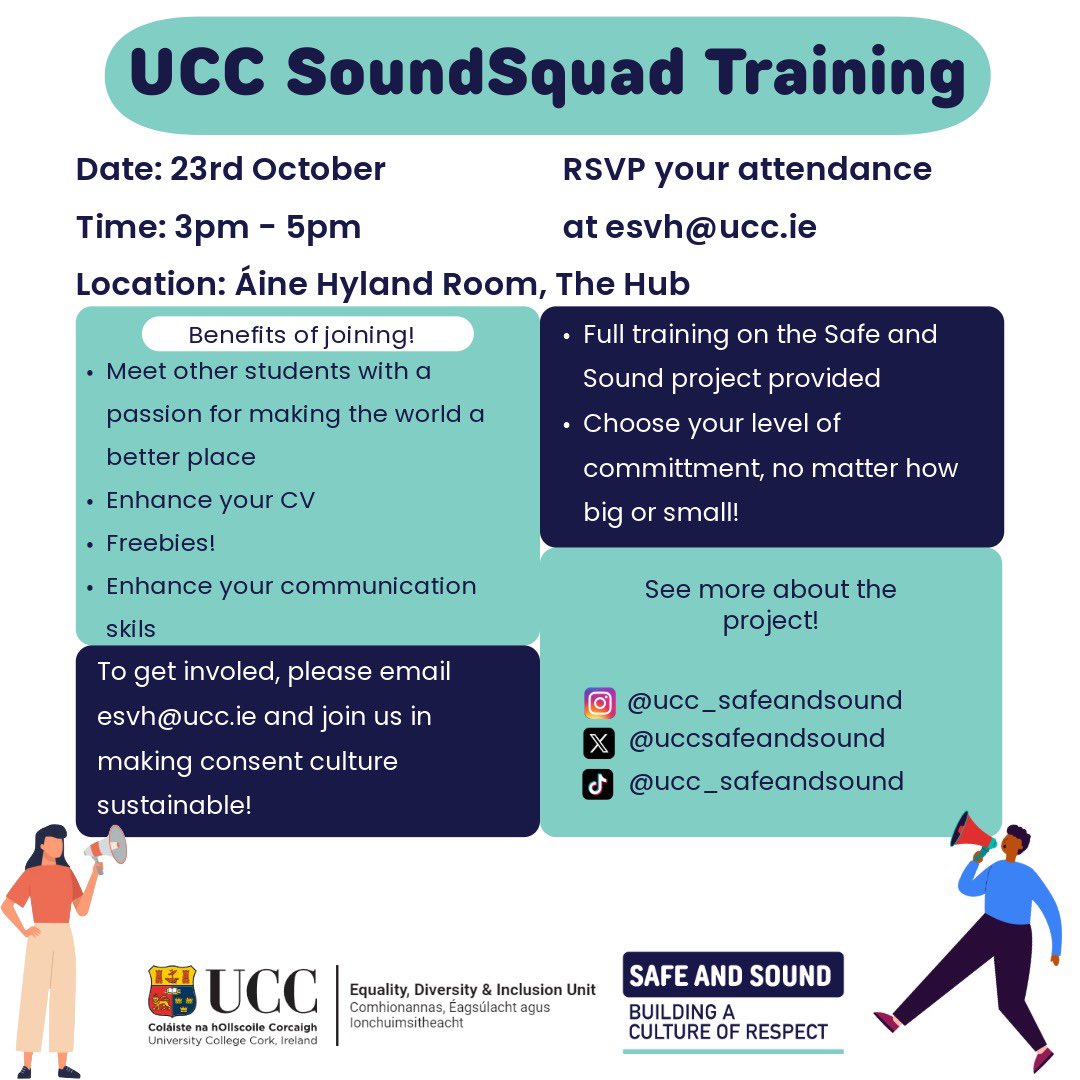UCC Safe and Sound (@uccsafeandsound) on Twitter photo Interesting in getting involved in Safe and Sound? Come along to our SoundSquad Training on October 23rd at 3pm in the Áine Hyland Room in the Hub!
Email esvh@ucc.ie if you’re interested in coming along! ✨ Interesting in getting involved in Safe and Sound? Come along to our SoundSquad Training on October 23rd at 3pm in the Áine Hyland Room in the Hub!
Email esvh@ucc.ie if you’re interested in coming along! ✨