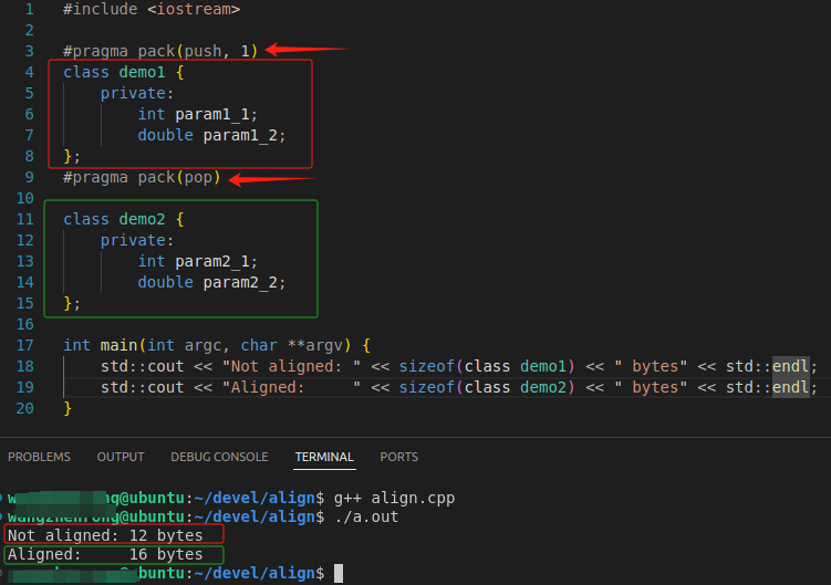 wangzhr4's tweet image. As we know, in C/C++, the size of a complex type (struct, C++ class) could be different from the sum of the sizes of members due to memory alignment enhanced by compilers.
But we can use # pragma to disable memory alignment for our code clips and make the memory layout compact.