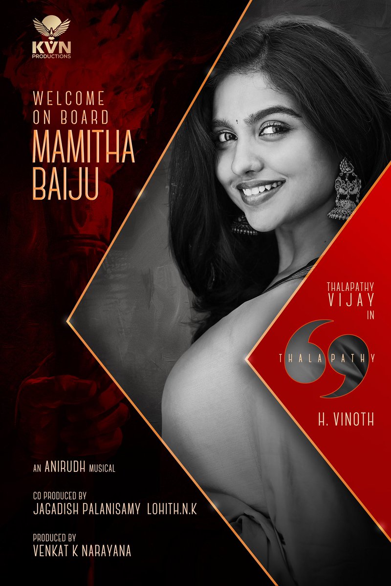 TheRoute (@theroute) on Twitter photo We are happy to โOFFICIALLYโ announce that Mini Maharani #MamithaBaiju joins #Thalapathy69 cast ๐
#Thalapathy69CastReveal
#Thalapathy <a href="/actorvijay/">Vijay</a> sir <a href="/KvnProductions/">KVN Productions</a> #HVinoth <a href="/thedeol/">Bobby Deol</a> <a href="/hegdepooja/">Pooja Hegde</a> <a href="/anirudhofficial/">Anirudh Ravichander</a> <a href="/Jagadishbliss/">Jagadish</a> <a href="/LohithNK01/">Lohith NK</a> We are happy to โOFFICIALLYโ announce that Mini Maharani #MamithaBaiju joins #Thalapathy69 cast ๐
#Thalapathy69CastReveal
#Thalapathy <a href="/actorvijay/">Vijay</a> sir <a href="/KvnProductions/">KVN Productions</a> #HVinoth <a href="/thedeol/">Bobby Deol</a> <a href="/hegdepooja/">Pooja Hegde</a> <a href="/anirudhofficial/">Anirudh Ravichander</a> <a href="/Jagadishbliss/">Jagadish</a> <a href="/LohithNK01/">Lohith NK</a>
