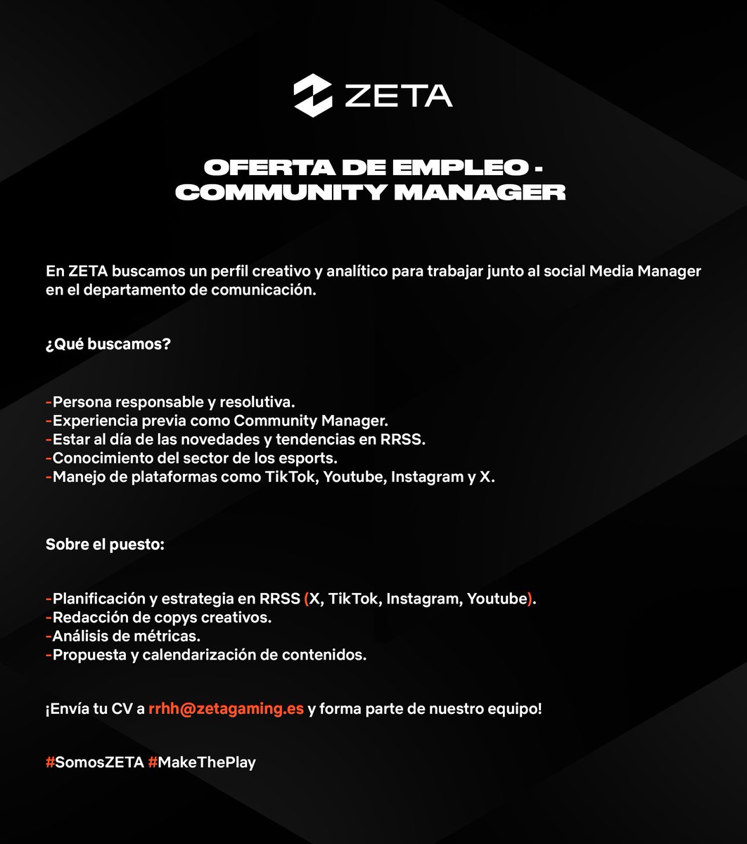 Lanzamos oferta de trabajo para Community Manager en <a href="/ZetaGaming/">ZETA Gaming</a>✨

Si quieres formar parte del proceso de selección, envíanos tu CV a rrhh@zetagaming.es 

Para más info, estoy disponible por MD 🫶