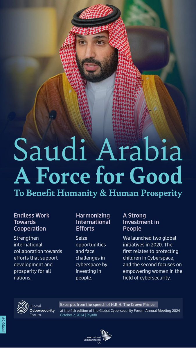 SaudiTVEN's tweet image. H.R.H. The Crown Prince emphasized that human capital in #cyberspace is a key priority for the Kingdom. Here are some highlights from his speech at the Global Cybersecurity Forum. #GCF2024