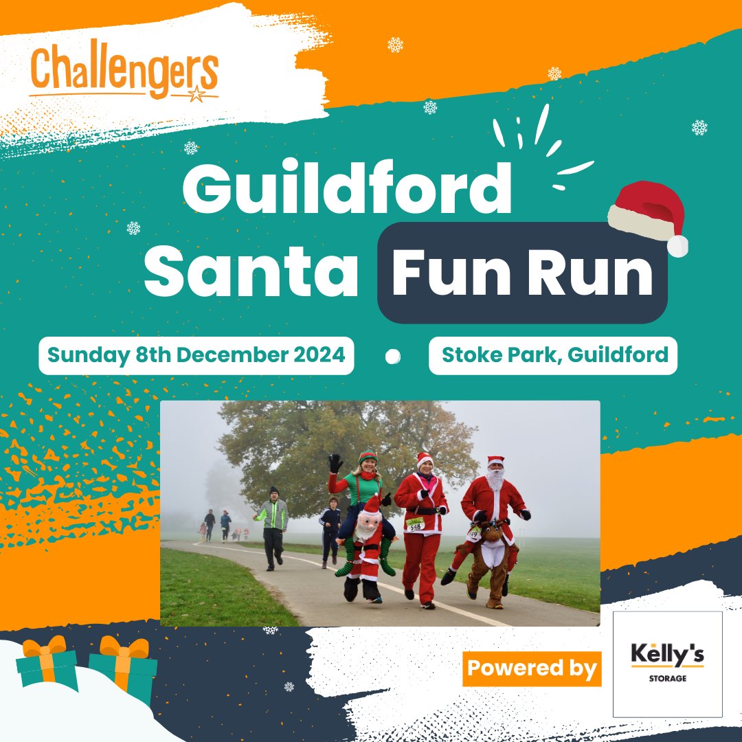 🎅 Join the Guildford Santa Fun Run on Sunday 8th December at Stoke Park, powered by <a href="/kellysstorage/">Kelly's Storage</a>! ✨ Choose from 3 routes: 2.5km, 5km, or 5km Canicross! Every penny raised goes to Challengers, thanks to Kelly's covering all costs! 🎅
Sign up - ow.ly/cQwQ50TAVtU