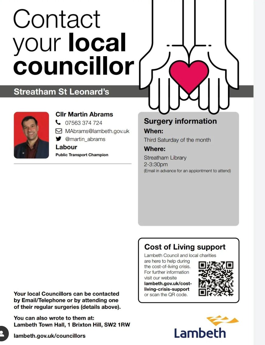 Got queries or issues with <a href="/lambeth_council/">Lambeth Council</a> services or suggestions for your local community? Then don't hesitate to get in touch with your local Councillor <a href="/Martin_Abrams/">Cllr Martin Abrams 🕊️🍉</a> or come to his Councillor's #CommunitySurgery @streathamlib on the THIRD Saturday of the Month from 2pm