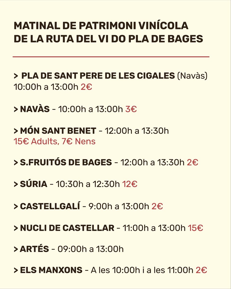 Un dissabte de verema... sona bé, oi? 🍇🍷

Aquest dissabte al matí, visites als cellers de la #dopladebages i al patrimoni vitivinícola de la Ruta del Vi DO Pla de Bages 🏡☀️

Activitats culturals, familiars i per coneixer millor la Denominació d'Origen Pla de Bages 🍃 Què, ens