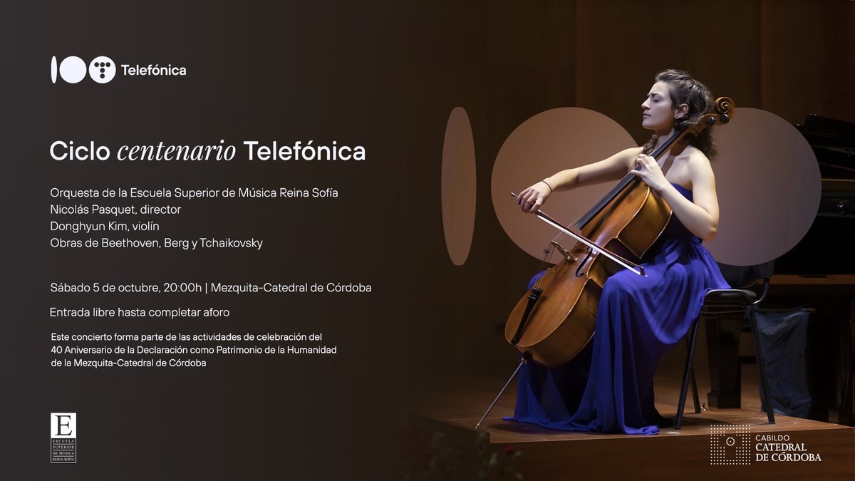 🎻¡Este sábado 5 de octubre a las 20h, el Ciclo de Conciertos Centenario Telefónica llega a Córdoba!🎶

Jóvenes músicos de la <a href="/EscuelaRSofia/">Escuela Superior de Música Reina Sofía</a> interpretarán obras de Beethoven, Berg y Tchaikovsky bajo la batuta de Nicolás Pasquet, con Donghyun Kim como solista.