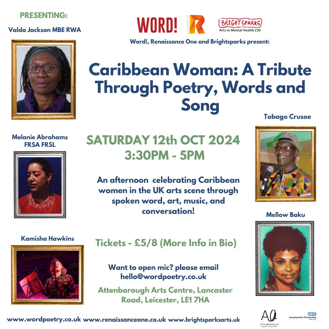 WORDLesta's tweet photo. Find more detail about our 'Caribbean Woman' Spoken Word event at WORD! 

⏰ 1-2:30pm: Resilience and Progressing Your Artistic Practice 

⏰ 3:30-5pm: Caribbean Woman - A Tribute Through Poetry, Words and Song.

Ticket price varies! Find link in bio!

#BlackHistoryMonth https://t.co/d9TOEBEMET