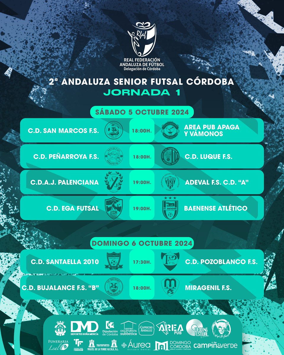 🚩 ARRANCA LA LIGA EN 2ª ANDALUZA SÉNIOR <a href="/RFAFCordoba/">RFAF - Delegación de Córdoba</a> |

👉 Nuestro primer equipo <a href="/Pub_Area/">Area Pub Café&Copas</a> debutará este sábado (18h) visitando Castro del Rio. Os dejamos todos los choques de la fecha inicial.

🔴 Publicación patrocinada por #WeddingFestival