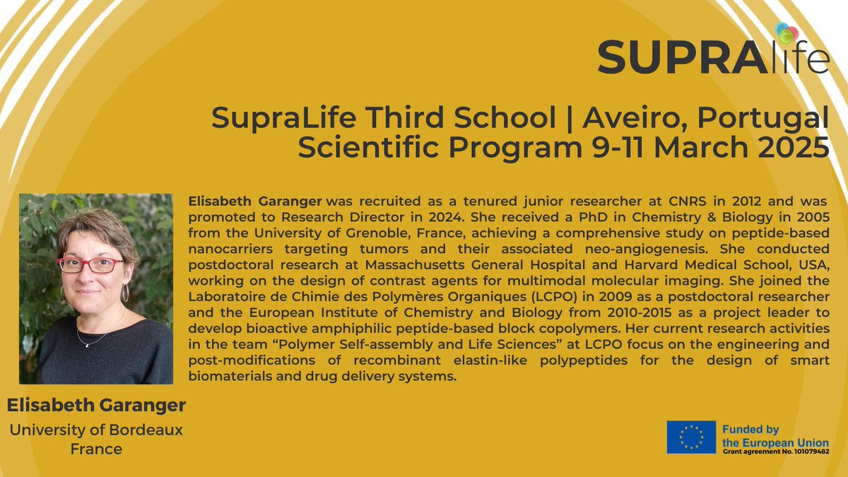 SupraLife (@supralife_eu) on Twitter photo 🌟 Meet the plenary speakers of #SupraLife #Third #School 🤩
🗣️ <a href="/ElisGaranger/">Elisabeth GARANGER</a> is a Research Director at <a href="/CNRS/">CNRS 🌍</a> <a href="/univbordeaux/">Université de Bordeaux</a> 🇫🇷
🎯 Her research focuses on the design of recombinant #elastin-like #polypeptides & #bioconjugates towards #smart #biomaterials & #drugdelivery systems! 🌟 Meet the plenary speakers of #SupraLife #Third #School 🤩
🗣️ <a href="/ElisGaranger/">Elisabeth GARANGER</a> is a Research Director at <a href="/CNRS/">CNRS 🌍</a> <a href="/univbordeaux/">Université de Bordeaux</a> 🇫🇷
🎯 Her research focuses on the design of recombinant #elastin-like #polypeptides & #bioconjugates towards #smart #biomaterials & #drugdelivery systems!