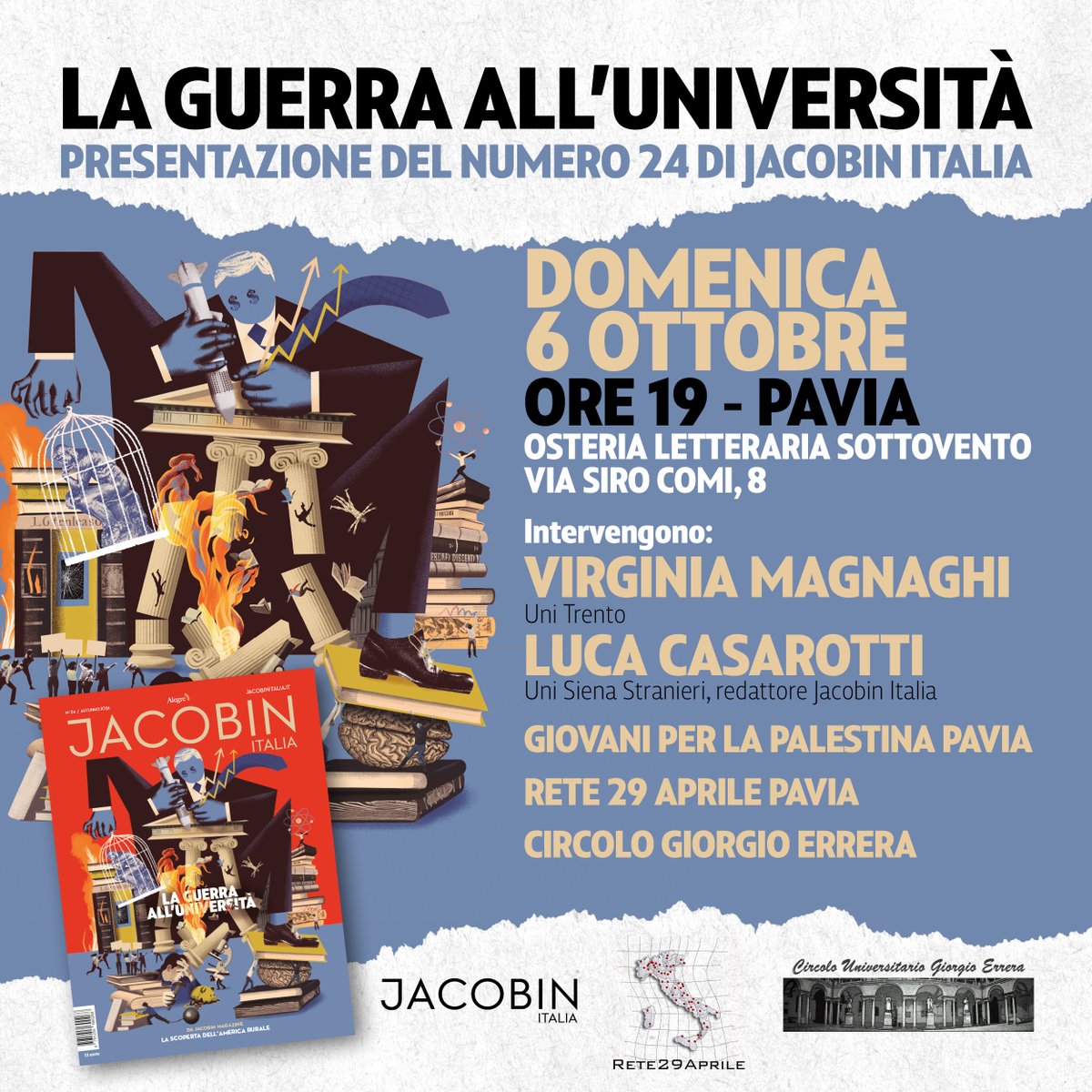 Cerco modo rapido per mettere insieme: 
📌Pavia, osteria letteraria Sottovento
📆6 ottobre ore 19
📚università, riforma, <a href="/JacobinItalia/">Jacobin Italia</a>

Vado fuori tema e scrivo che <a href="/lucacasarotti/">Luca Casarotti</a> fa tante magie, compreso farmi tornare un po' più spesso a casa.